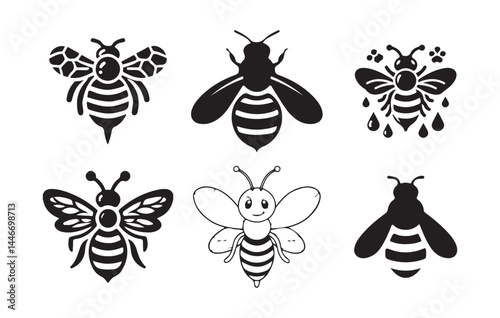 Black silhouette of Bee Icon Set. different bee icons silhouette vector Illustration Eps 10