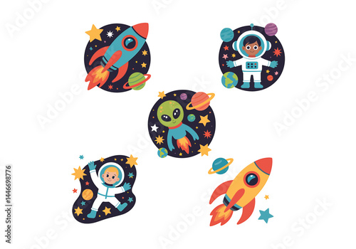 Cartoon space vector set rockets, astronauts, planets, and aliens in cute cosmic exploration theme