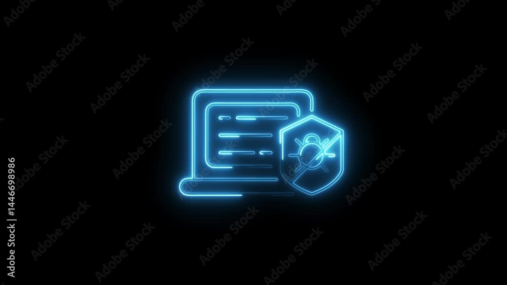 Cybersecurity laptop shield with anti virus glowing neon icon animation Cybersecurity laptop shield with anti virus glowing neon icon animation