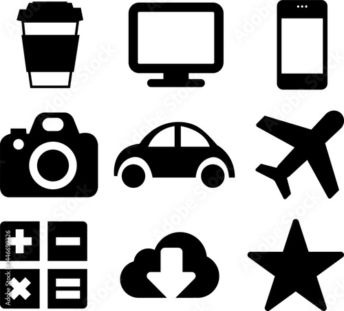 Basic ui Icon Set, silhouette icons of Airplane, Camera, Car, Mobile, Star, Monitor, Math, Download, Dustbin on white background.