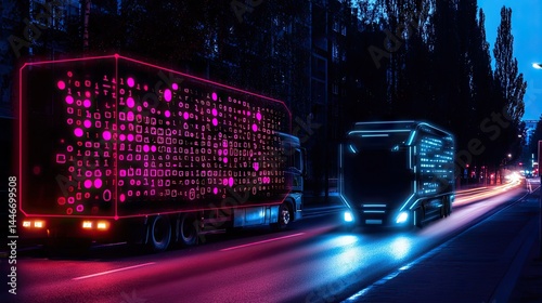 Futuristic semi-truck with illuminated digital display at night.