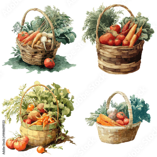 Watercolor illustrations of baskets filled with fresh vegetables. Great for farm branding, market graphics, healthy lifestyle visuals, and organic food designs.


