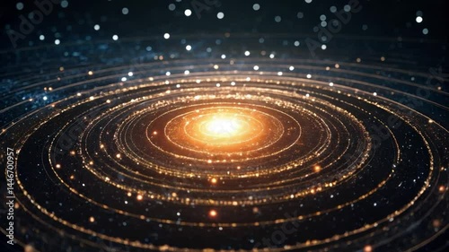 Glowing Cosmic Center with Orbiting Data Points in Galaxy Scene