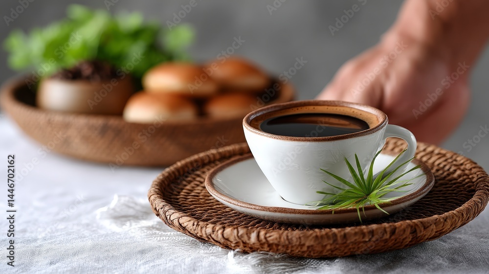 Fototapeta premium Cozy Coffee Break Asian Woman Serving Coffee Bread Wicker Tray