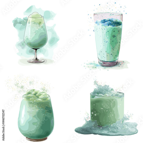 Watercolor-style illustrations of creamy matcha drinks in various glasses. Ideal for beverage branding, menu design, and healthy drink promotions.

