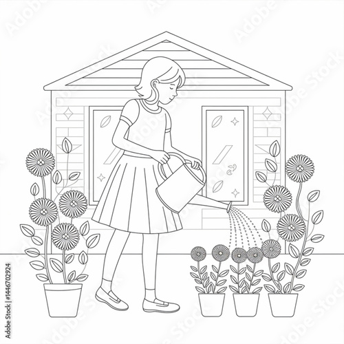 ‎A black and white Bungalow line art of a coloring page white background.