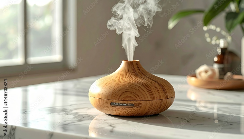 Wooden Aromatherapy Diffuser Releases Steam on Marble Surface near Window Wooden Aromatherapy Diffuser Releases Steam on Marble Surface near Window