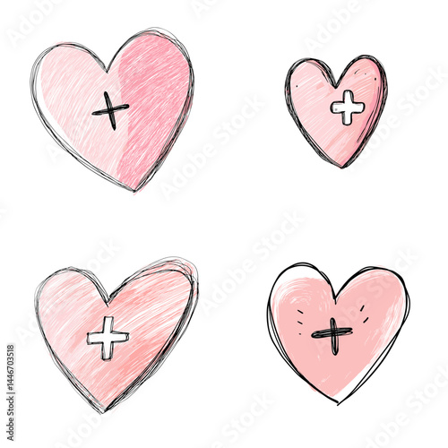 Sketch-style pink hearts with cross symbols representing care and healing. Suitable for medical, love, wellness, and charity designs.

 photo