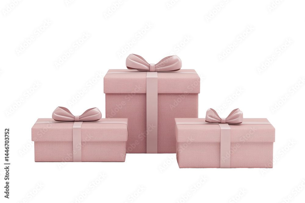 Obraz premium Digital rendering of three light pink gift boxes, stacked in a row, each with a matching bow.