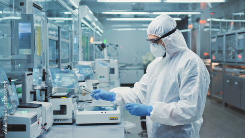 High-tech pharmaceutical laboratory, close-up of a scientist in full PPE using precision instruments to measure active compounds, sterile and futuristic environment.
