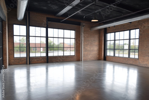 Empty studio industrial chic exposed brick features large windows and polished floor, evokes sense of anticipation for creative possibilities