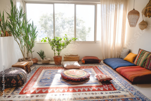 Interior, studio, bohemian, colorful, modern, style create serene and inviting space. happy and peaceful place to enjoy life