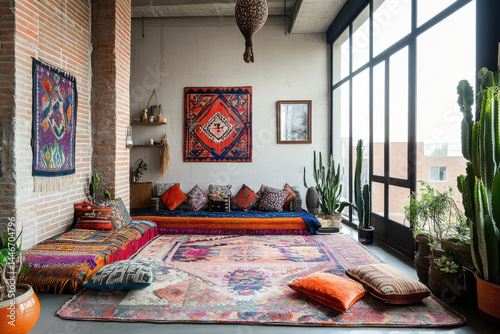 modern studio interior design that embraces bohemian style colorful decor creates happy and inviting atmosphere