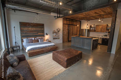 Interior studio photography space backdrop bed wooden furniture sofa rug gives sense of comfort and coziness, inviting viewers to imagine themselves unwinding in this space