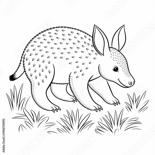 ‎A black and white aardvark line art of a coloring page white background