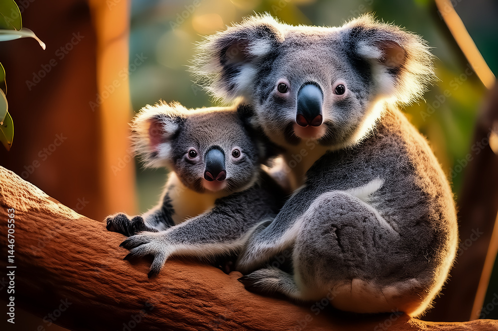 Fototapeta premium Koala mit Jungtier auf einen Zweig