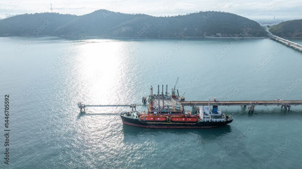 Aerial view LPG gas tanker ship on deep blue sea, Global business freight shipping import export logistic transportation oil and gas product tanker ship, Liquefied Petroleum Gas LPG tanker ship in sea