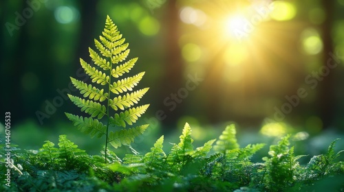 Lush fern glade bathed in radiant sunlight showcasing nature's tranquility