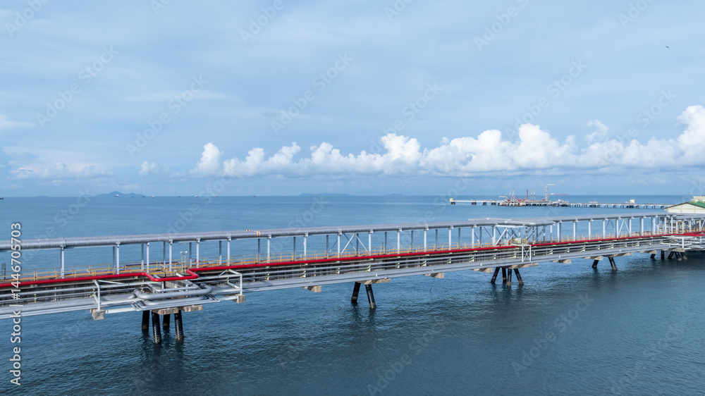 Aerial view industrial oil and gas pipeline system, Energy industry pipeline structure oil and gas refinery, Industrial pipeline system petrochemical plant refinery, Petrochemical pipeline network.
