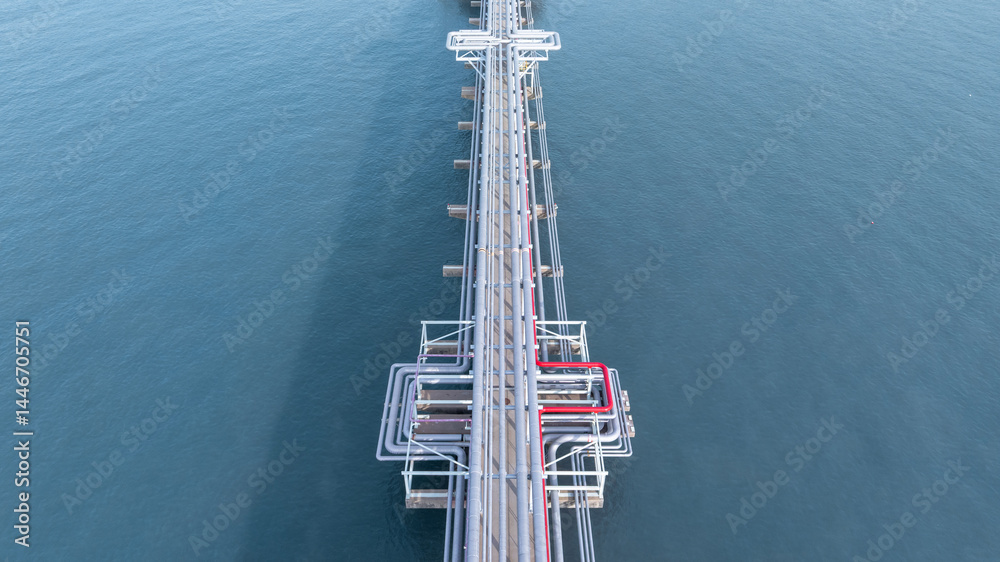 Aerial view industrial oil and gas pipeline system, Energy industry pipeline structure oil and gas refinery, Industrial pipeline system petrochemical plant refinery, Petrochemical pipeline network.