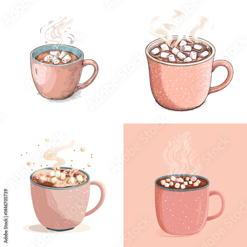 Hand-drawn mugs of hot chocolate topped with marshmallows. Ideal for winter themes, cozy vibes, holiday cards, or seasonal drink menus.

