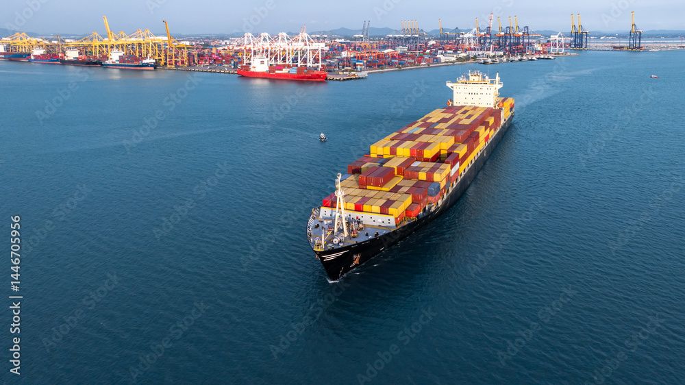 Aerial view container ship cargo freight shipping international, Global business freight shipping import export logistic transportation container ship, Container ship cargo sea freight container ship.