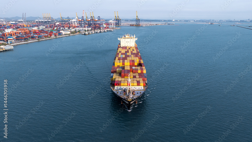Aerial view container ship cargo freight shipping international, Global business freight shipping import export logistic transportation container ship, Container ship cargo sea freight container ship.