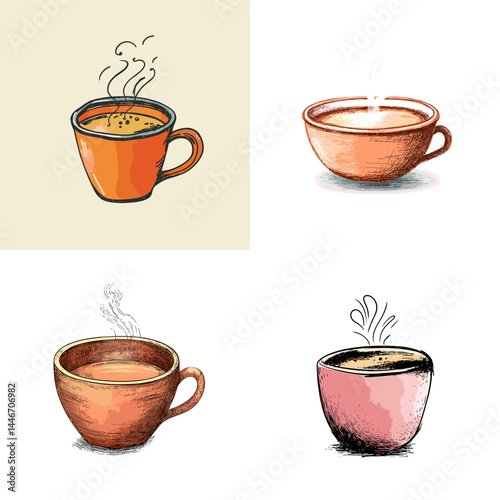 Hand-drawn hot coffee cups with rising steam, great for café branding, breakfast themes, or cozy beverage illustrations.

