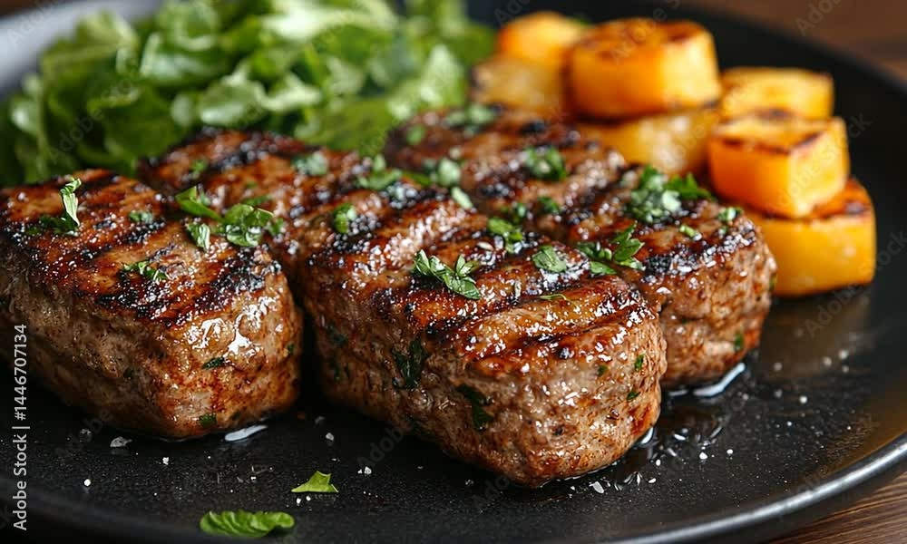 Grilled meat skewers served with fresh greens and roasted vegetables on a black plate Grilled meat skewers served with fresh greens and roasted vegetables on a black plate
