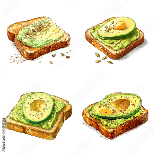 Hand-drawn illustrations of avocado toast with seeds and slices, ideal for healthy breakfast, plant-based diet, or modern food content.

