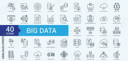 Big data icon collection set with data search, data analysis, cyber security, data cleaning