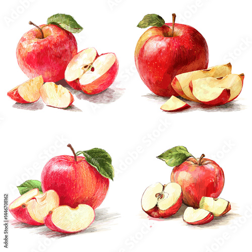 Realistic hand-drawn red apples, whole and sliced, perfect for food packaging, health content, or organic fruit themes.

