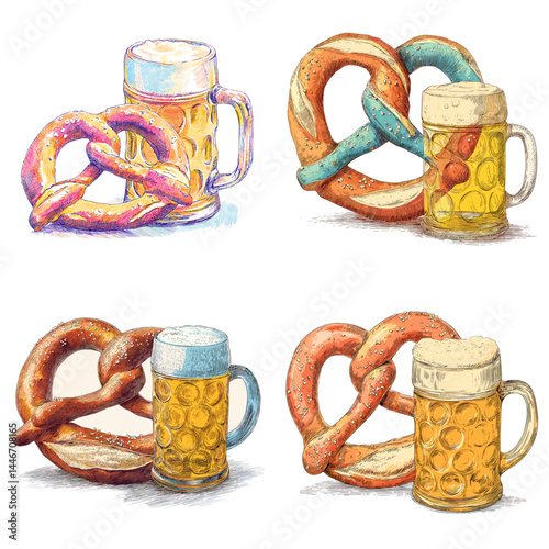 Hand-drawn illustrations of beer mugs with pretzels, ideal for Oktoberfest, German cuisine, brewery marketing, or traditional food visuals.

