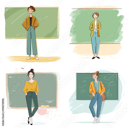 Stylish hand-drawn female teachers standing confidently in front of chalkboards, perfect for education, classroom, and academic themes.

