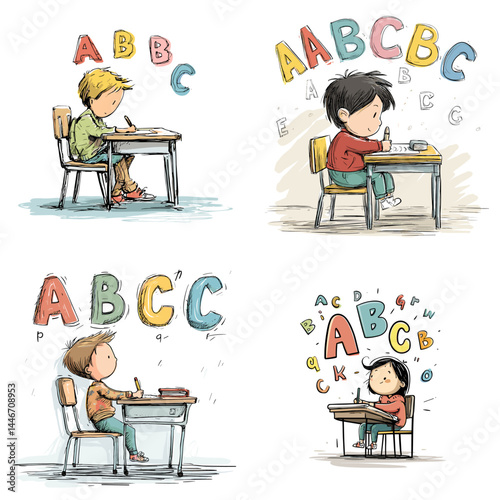 Cute hand-drawn children learning letters at school desks, ideal for early education, literacy campaigns, and classroom illustrations.

