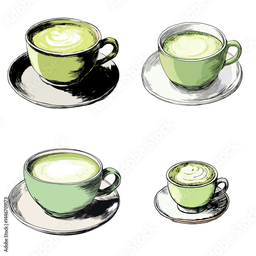 Artistic sketch of matcha green tea latte in classic cups, suitable for café branding, menu design, or healthy beverage promotions.

