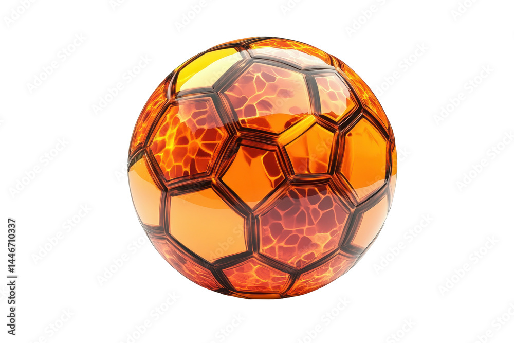 Fototapeta premium Three-dimensional illustration of a soccer ball, showcasing a vibrant orange design with a hexagonal pattern, resembling fire or flames. The ball is glossy and isolated against a black backdrop.