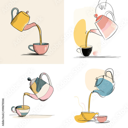 Playful hand-drawn teapots pouring hot tea into cups, ideal for tea time illustrations, cozy lifestyle visuals, or beverage branding.

