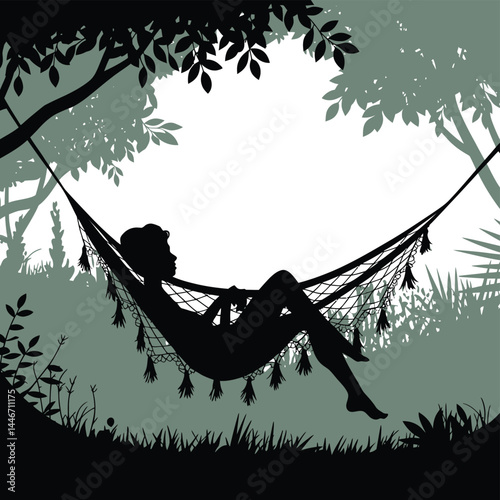 Silhouette of Woman Relaxing in Hammock Under Trees