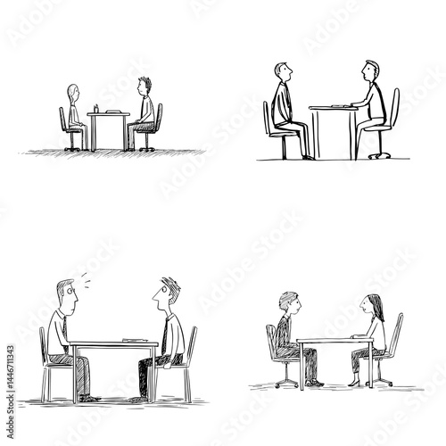 Hand-drawn black-and-white illustrations of people sitting and talking across a table, ideal for meetings, interviews, or casual conversations.


