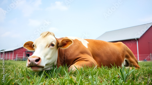 A contented cow lying in a green pasture, chewing cud with a traditional red barn in the background, capturing the timeless connection to dairy production.