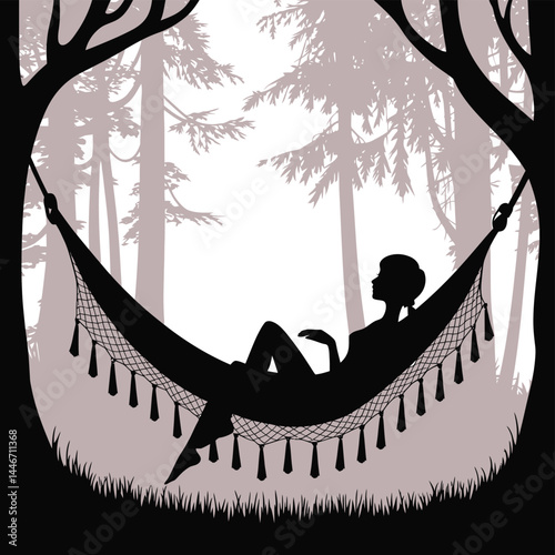 Silhouette of Woman Relaxing in Hammock Between Trees