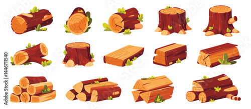 Collection of Cartoon Wooden Logs Tree Trunks and Wood Blocks