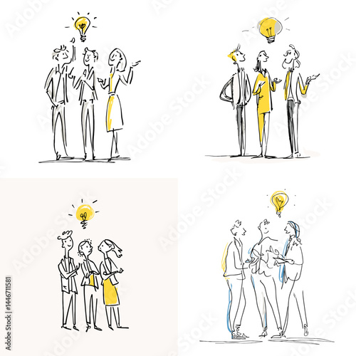 Hand-drawn illustrations of people in business attire brainstorming with a light bulb above, symbolizing ideas, teamwork, and innovation.

