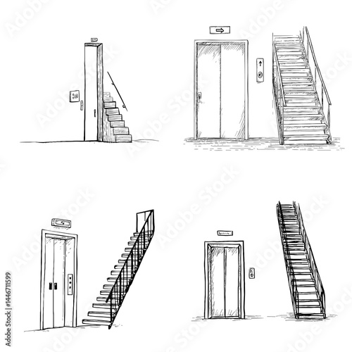 Hand-drawn black-and-white illustrations of elevators and staircases, representing architectural options for vertical movement in buildings.

