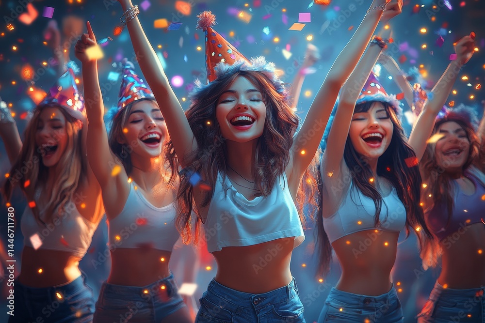 Obraz premium Women celebrating birthday party, confetti, joy