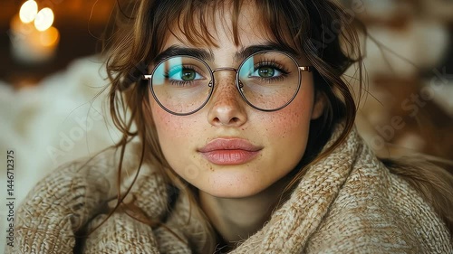 Young woman portrait casual elegance soft lighting eyeglasses fashionable beauty elegant trendy homey atmosphere modern portrait beauty portrait