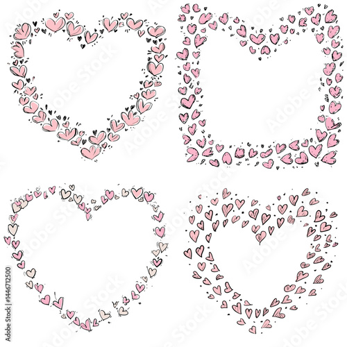 Hand-drawn heart-shaped frames with pink doodle hearts in various arrangements, ideal for romantic or Valentine's Day-themed designs on a white background.