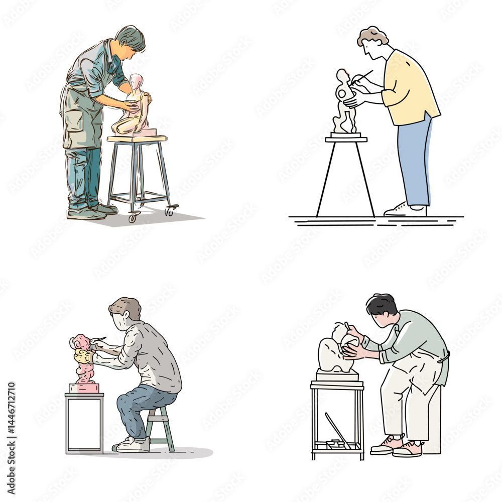 Illustration of sculptors crafting statues by hand in a studio, showing four different poses, soft-colored hand-drawn style, clean white background.

