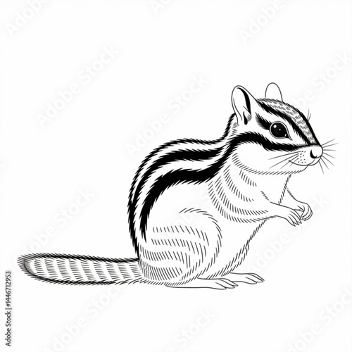 ‎A black and white chipmunk line art of a coloring page white background
